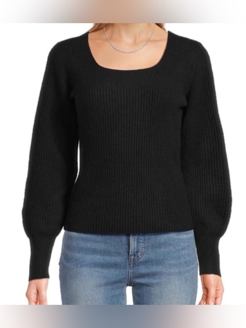 MADEWELL Ribbed Knit Black Square Neck Balloon Sleeve Classic Sweater Sz S